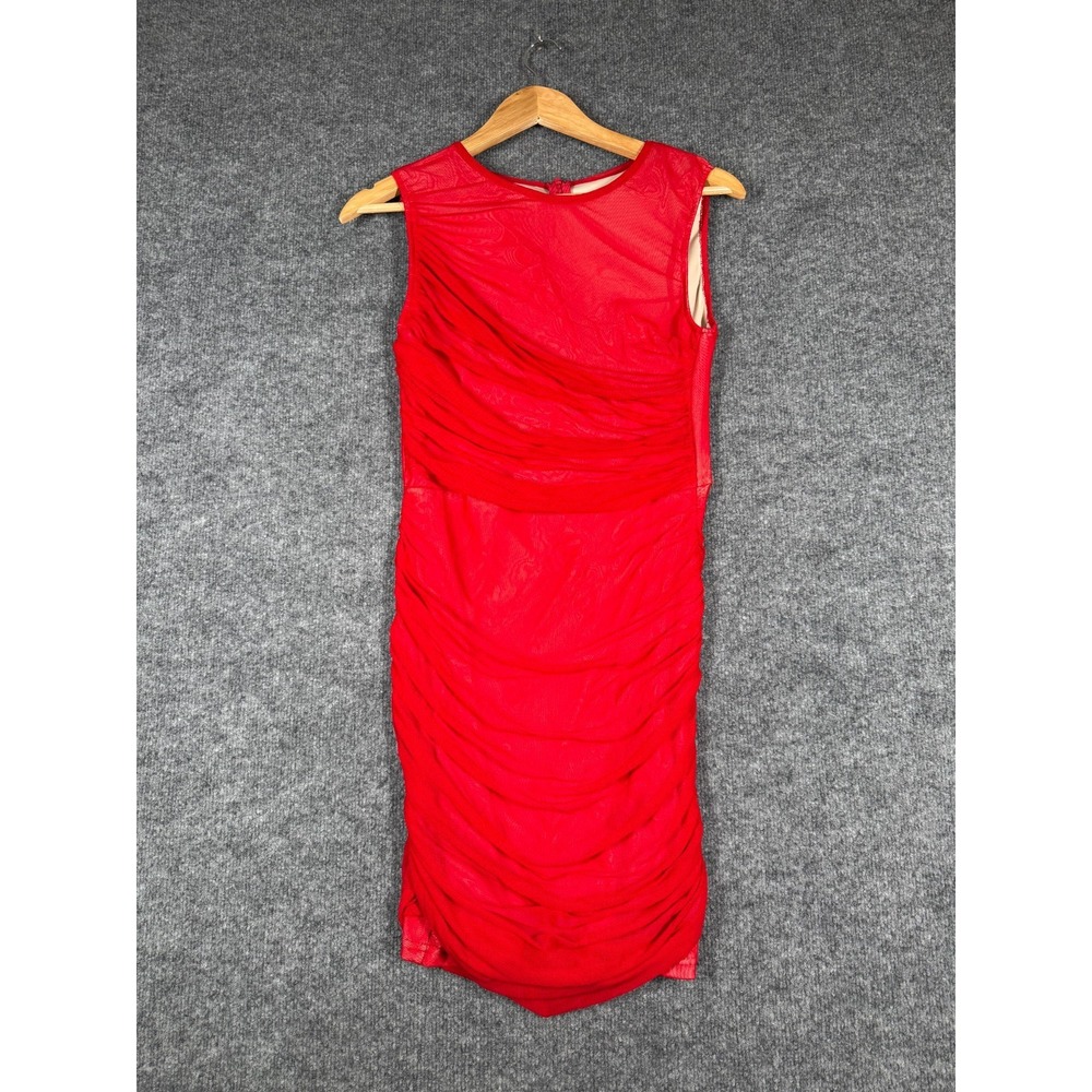 Women's Bodycon Mini Dress Large Red All Over Mesh Ruched Sleeveless Back Zip